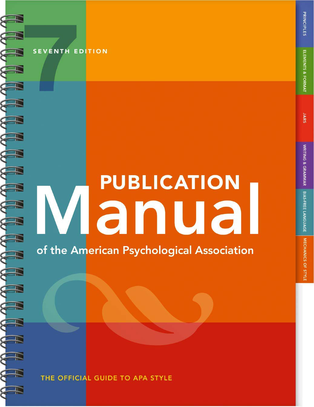 APA 7th edition manual front cover, has orange, red, blue and green rectangle boxes on the front with 'Publication Manual' in large white capital letters