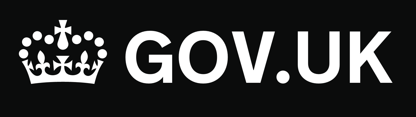 GOV UK logo, the UK government logo which shows a black rectangle background, then a white crown icon on the left, and to the right in large bold capital letters the text 'GOV.UK'