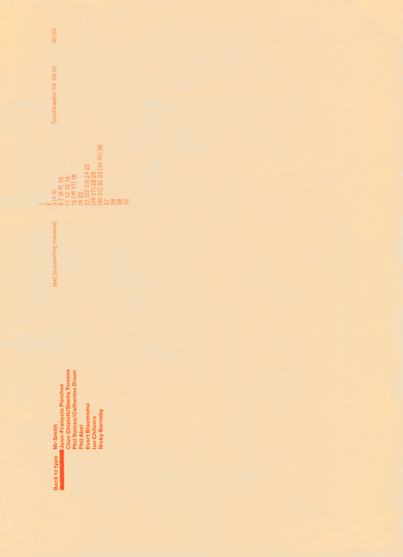 TypoGraphic 59 cover, light orangy brown background colour with small fluorescent orange text showing the title and articles title within