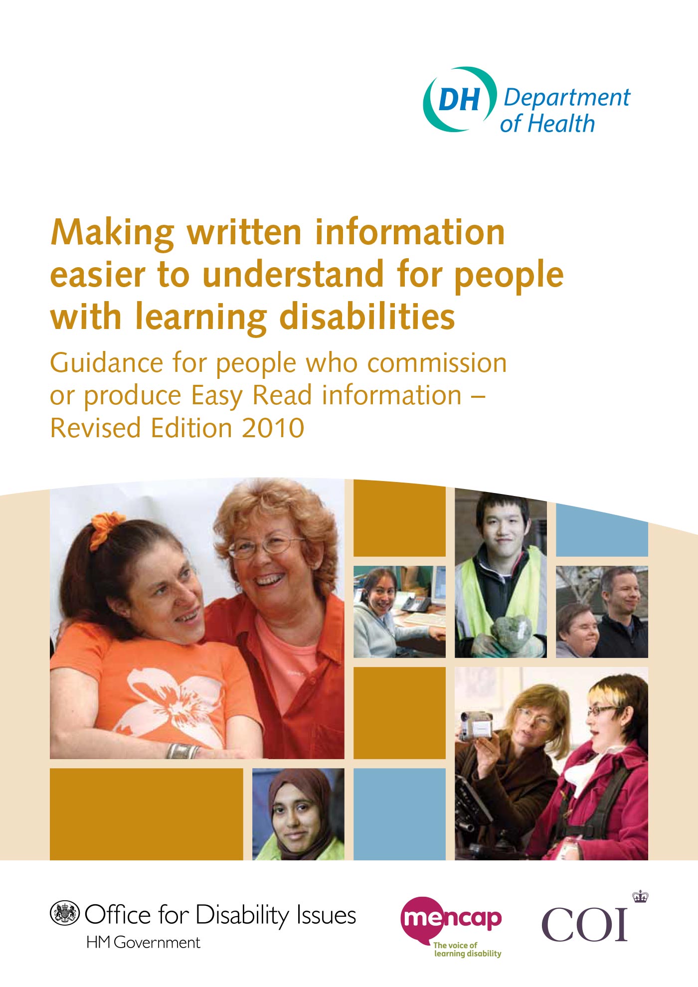 Easy read publication cover with title in orange at the top, and a gridded composition of small images of different people at the bottom