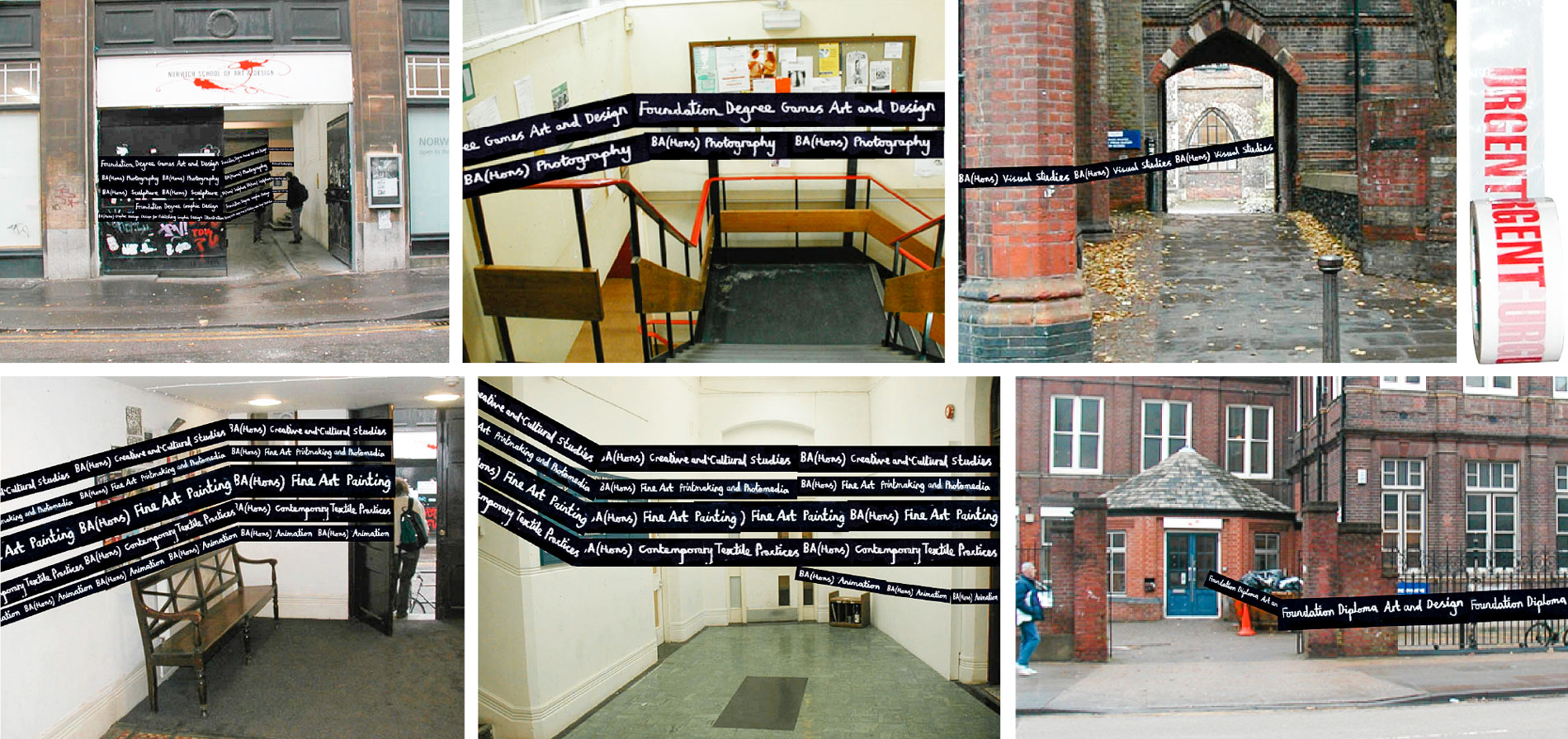 Norwich School of Art and Design/Norwich University of the Arts signage/wayfinding system proposal 1. Hand drawn signs in chalk on black paper, stretched across walls and entrances