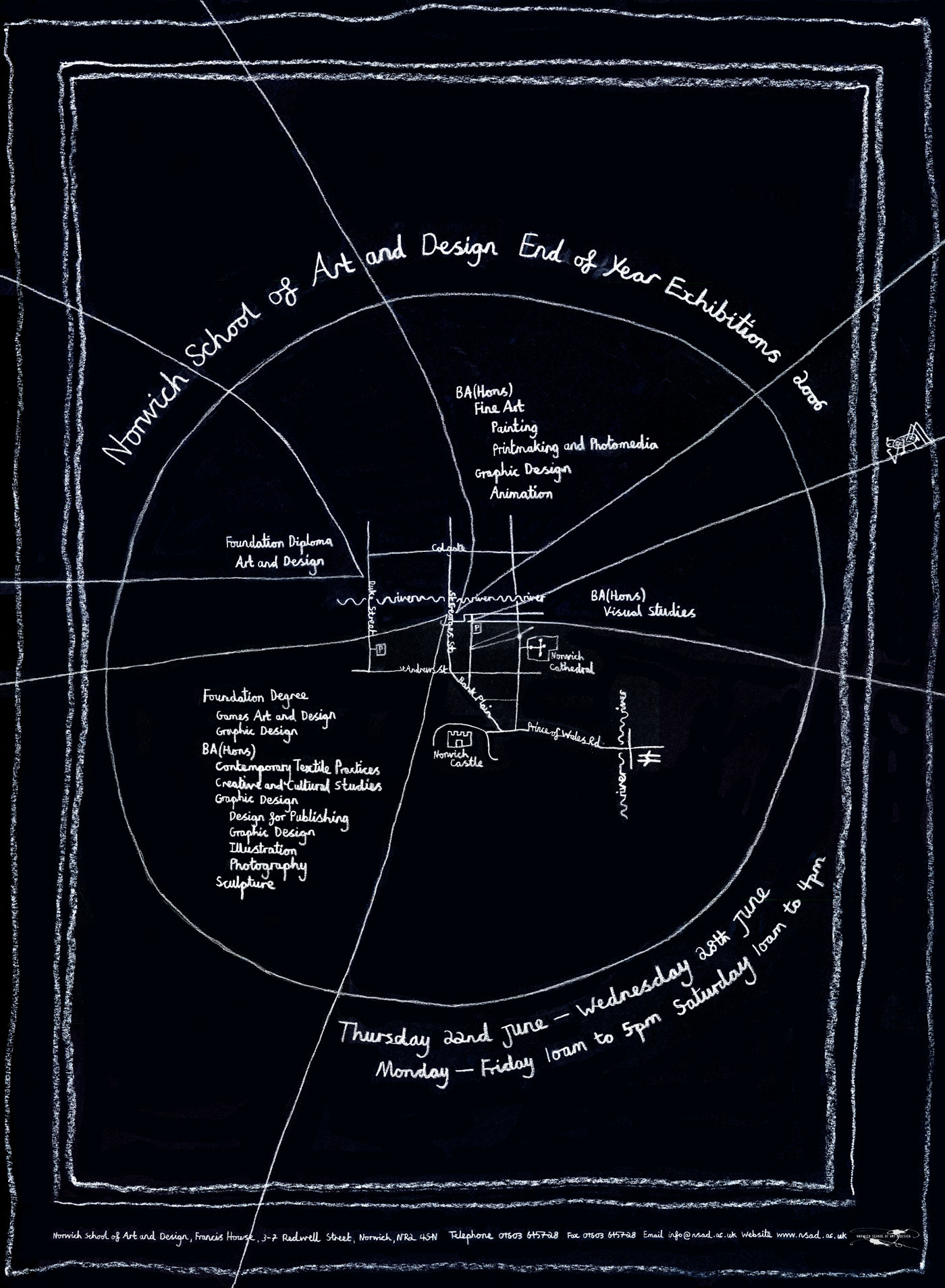 Norwich School of Art and Design end of year exhibitions poster design. Image showing illustrated poster hand drawn in chalk on black paper in a spiders web with a map of campus in the middle