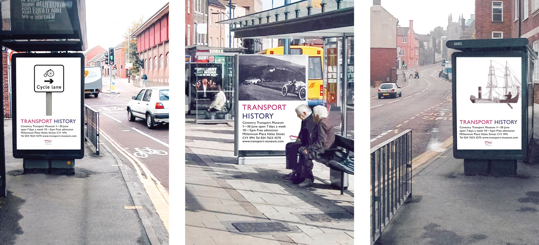 Poster/campaign design and photography. Photograph of poster designs in the street on bus stop signs