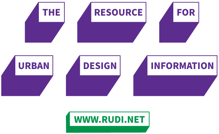 Shows 6 raised 3D purple blocks with the words 'Resource for Urban Design Information' split in each of the block, then their website URL in a shorter green block at the bottom