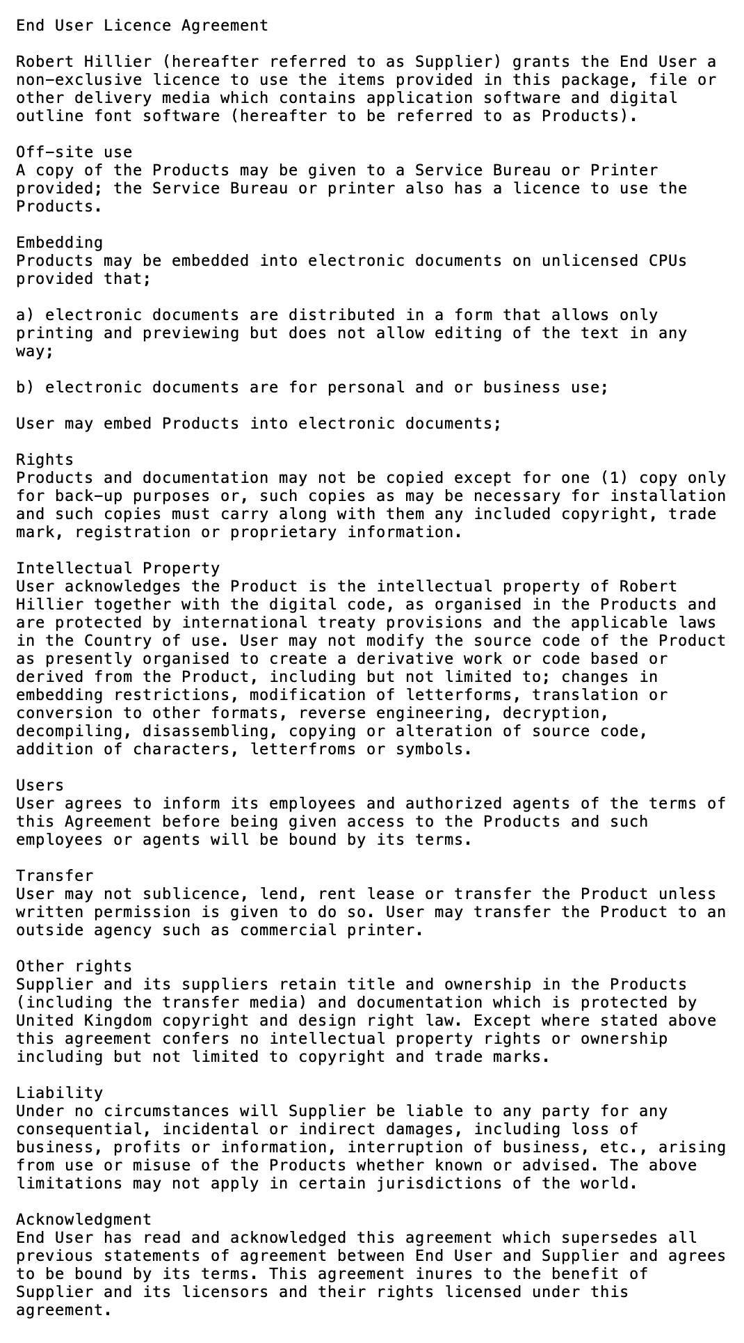A screengrab of the end-user license agreement, shows small black text in a monospace typeface, showing various terms and conditions text for using the typefaces. Very little leading between the lines and has a default generic appearance