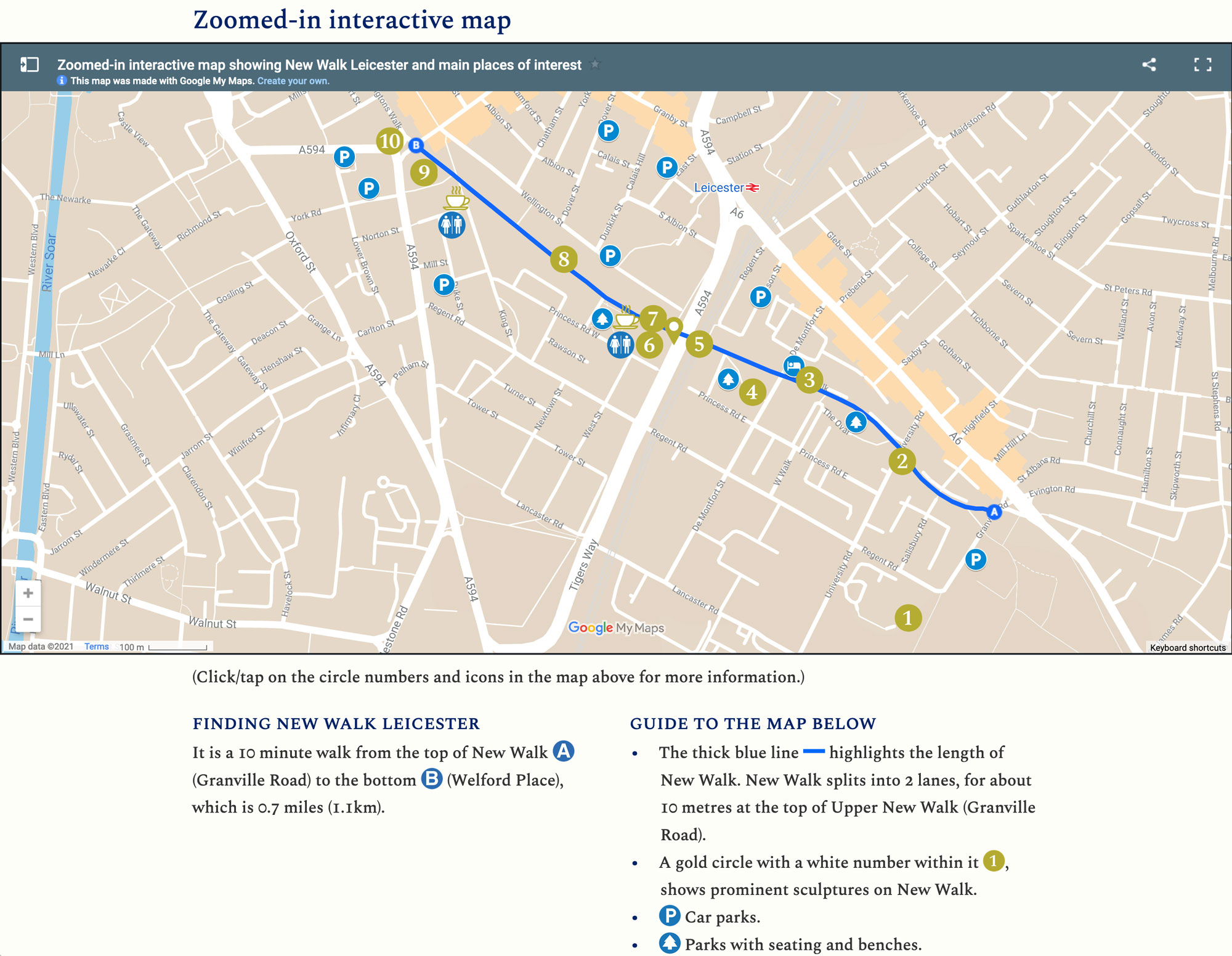 Website design, website setup and updating. Screenshot of the Friends of New Walk Leicester website showing the interactive map of New Walk with prominent locations