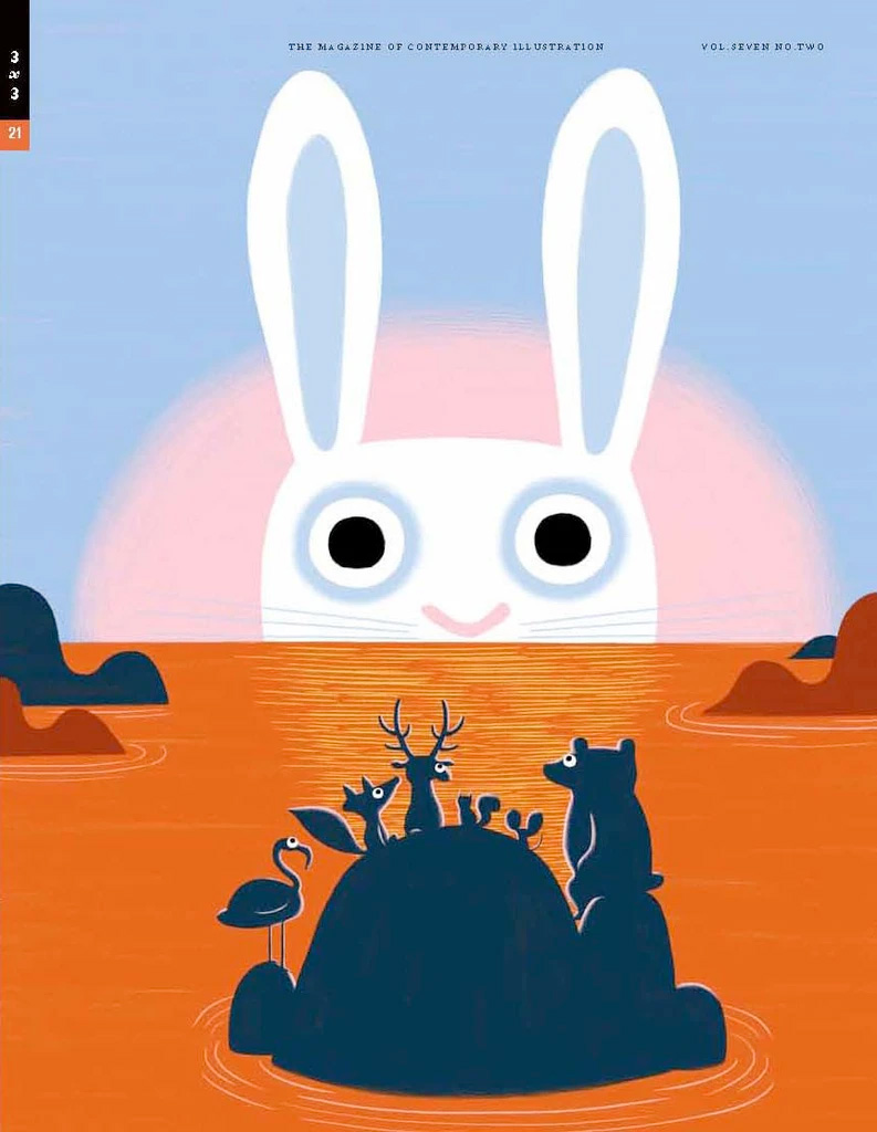 Photo of the 3x3 annual front cover, shows a white rabbit's head pop-up above a sunset