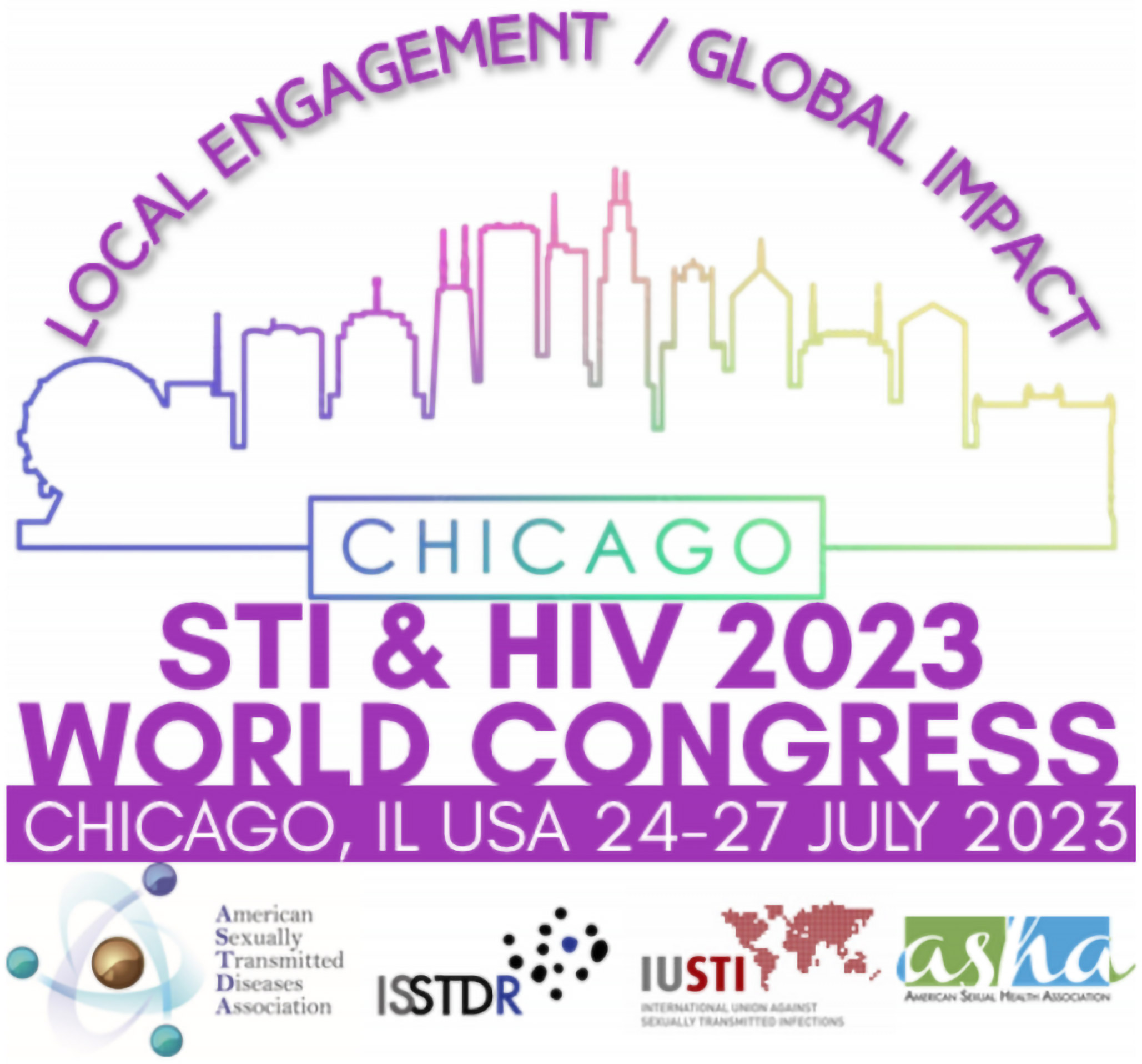 Chicago STI & HIV 2023 World Congress logo, shows an outline of tall skyscrapers at the top, then the title ‘Chicago STI & HIV 2023 World Congress’ in bold purple letters, with various smaller logos below, associated with the competition and sponsors.