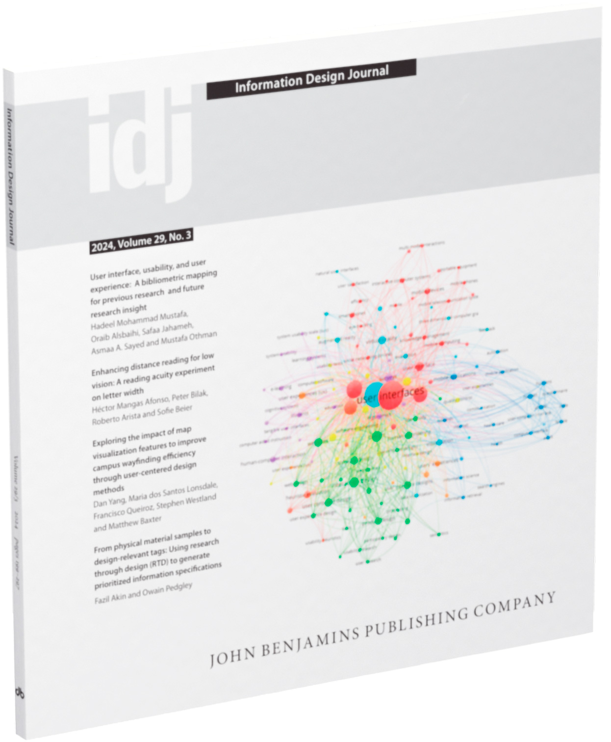 Front cover photograph of the Information Design Journal, shows a colourful diagram with words overlayed on top.