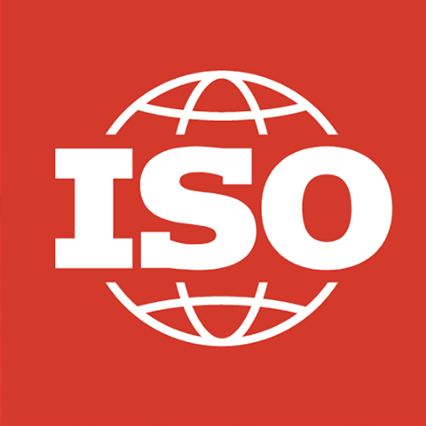 International Organisation for Standardisation (ISO) logo. The letters ‘ISO’ in large white capital letters. Then behind them a world latitude and longitude graphic design, all of this is in white on a red background