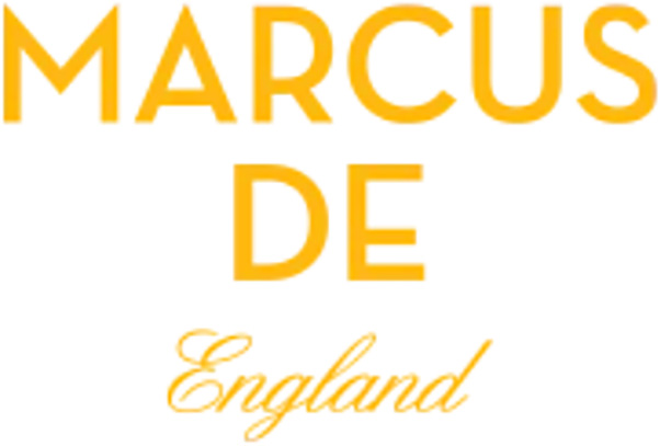The text ‘MARCUS’ on the top line, then ‘DE’ on the bottom line in large yellow capital letters, with ‘England’ below in a script font