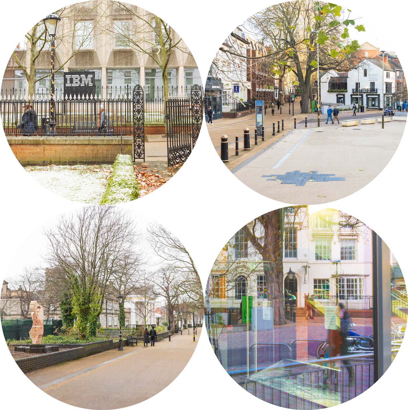 2 circle photographs above and 2 circle photographs below, of New Walk Leicester showing various city and lanscape shots, showing people and places