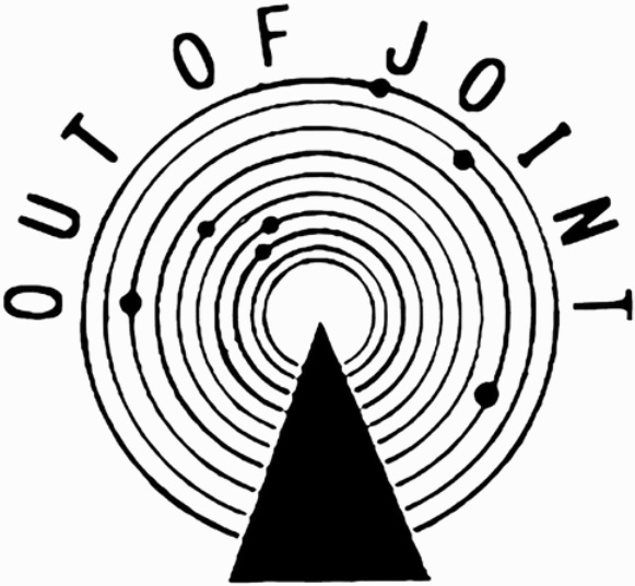 The words ‘Out Of Joint’ in a half circle above, then thin black outline circle repeated and getting smaller like grooves on a vinyl, with a triangle going into the centre from the bottom