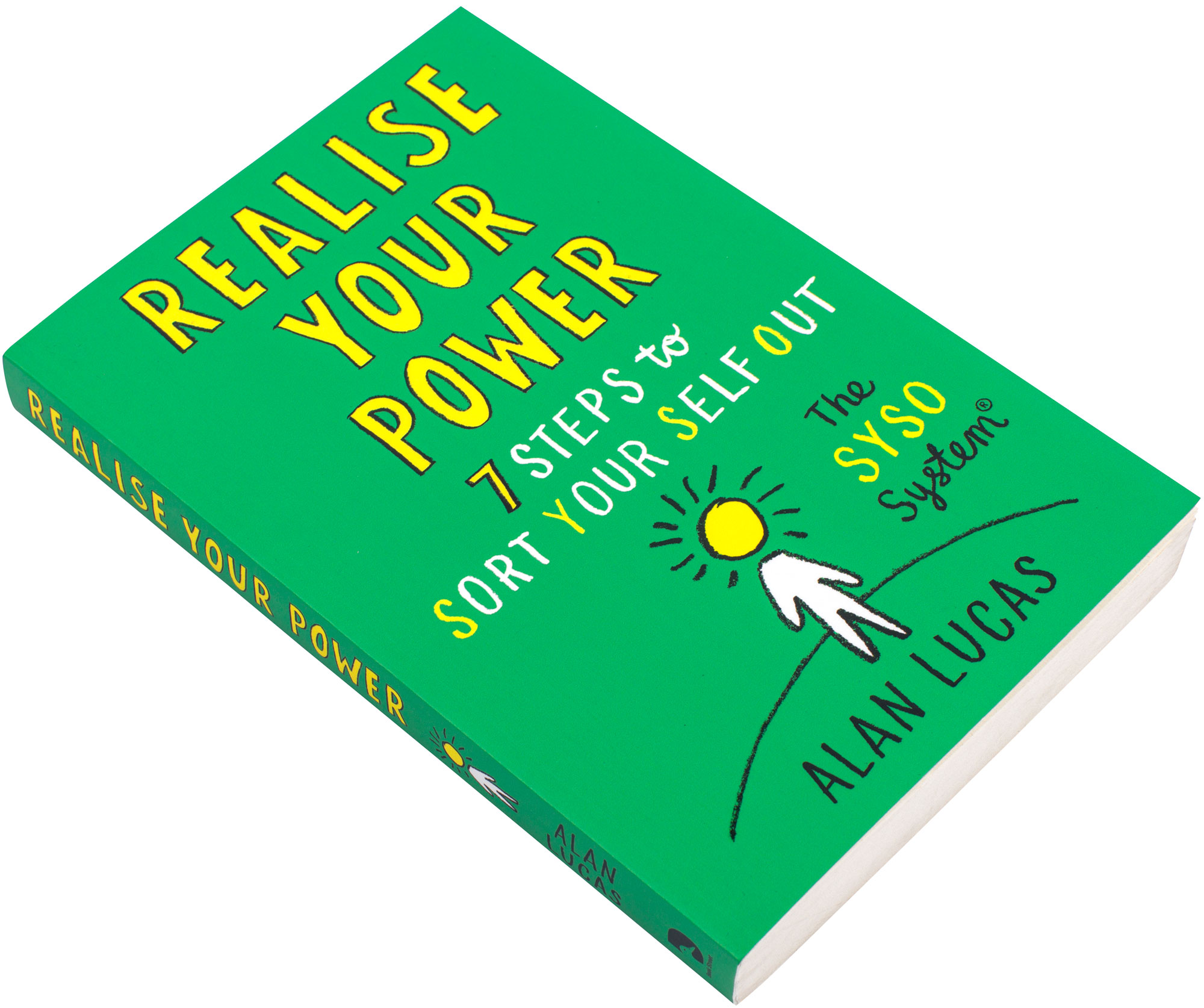 Front photograph of the book cover, diagonally on and tilted. The cover is green, with the title in large capital yellow letters. Then below a person illustration, and the head is a sun.