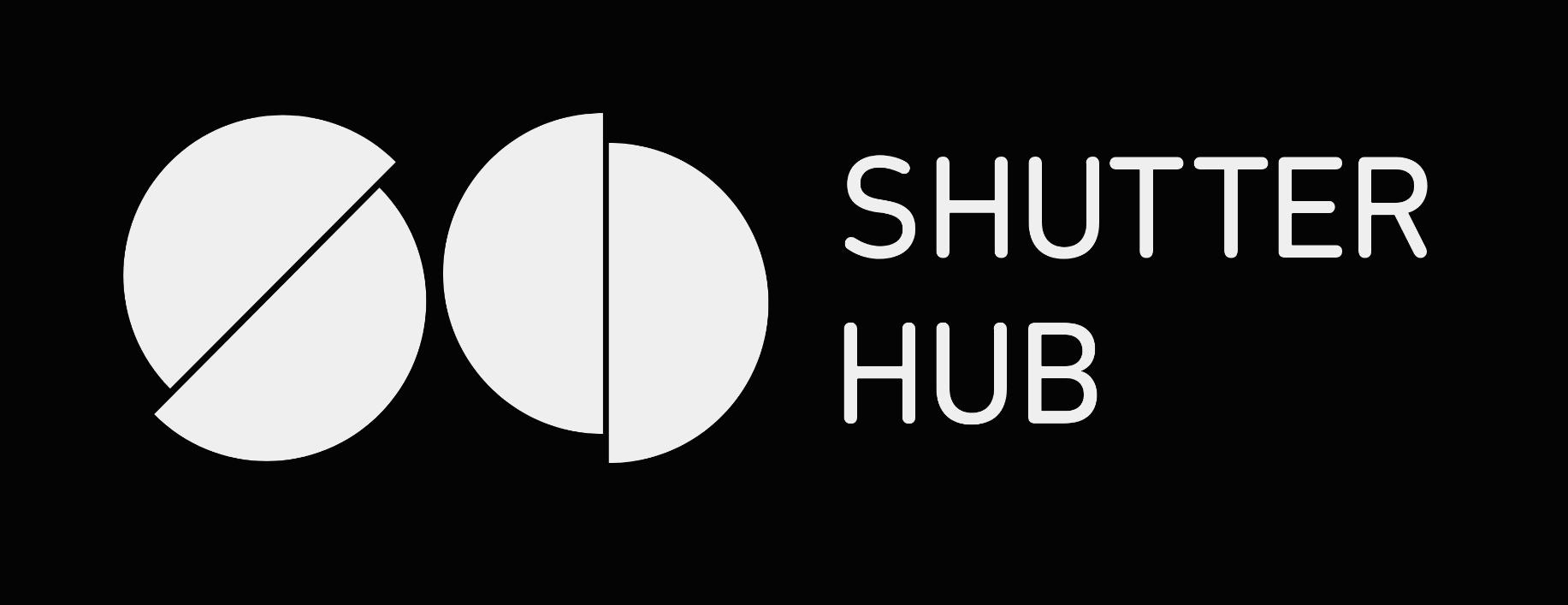 Shutter Hub logo, has a black rectangle background, then 2 cut-in-half white circles on the left, then the word SHUTTER on 1 line, and ‘HUB’ below