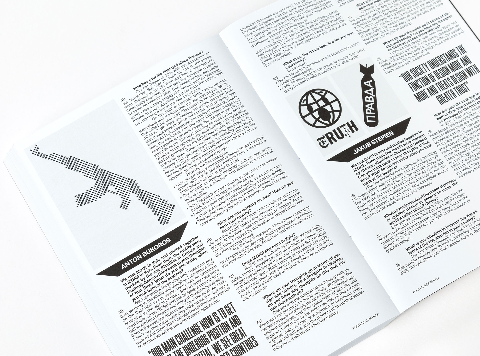 Diagonal perspective photograph of an inside spread, shows 2 columns of text in black, and black and white illustrations of a gun and a bomb