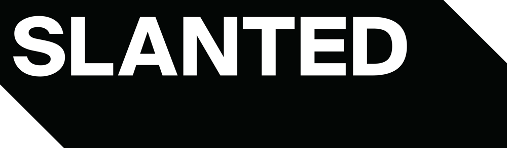 Slanted logo, shows a black horizontal rectangle, with the bottom left and top right corners cut off, then the word ‘Slanted’ in large bold capital white letters on top