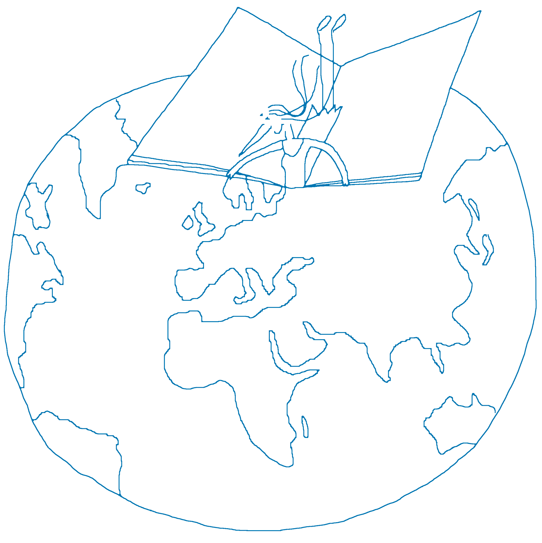 Shows a cartoon woman, laying inside an open book, holding onto the end, flying over a drawing of the top of the world