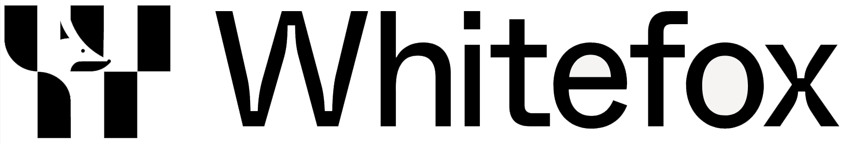 Black and white logo, a fox merged into a thick line abstract symbol, then to the right the word ‘Whitefox’ in large black letters.