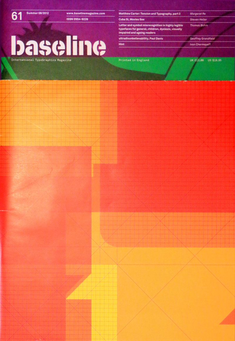 Photo of Baseline magazine, shows the title in white large text at the top with a purple, red and orange abstract square design