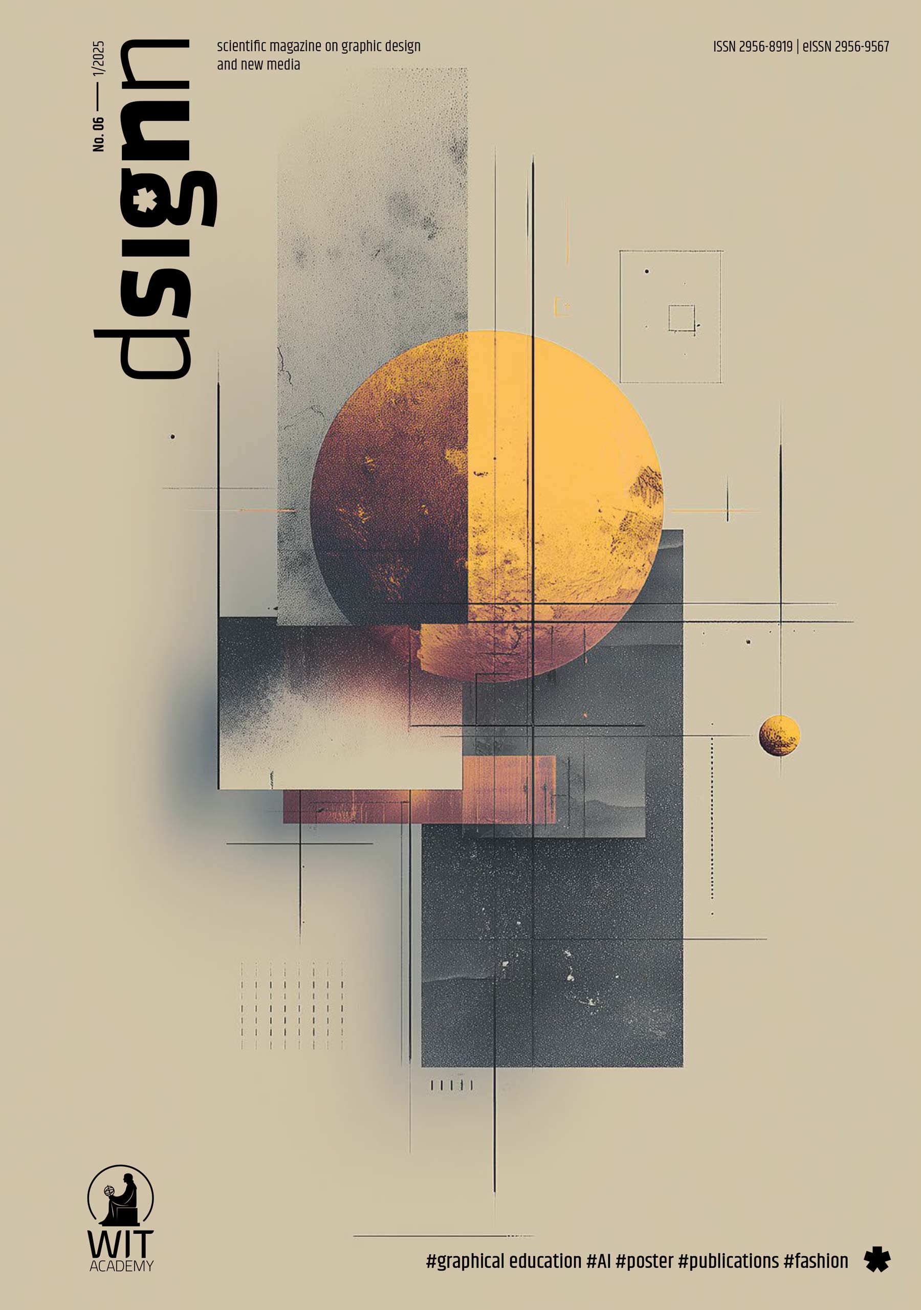Front cover image of the magazine, shows an abstract image of the moon with lines through it, on a light brown background colour.