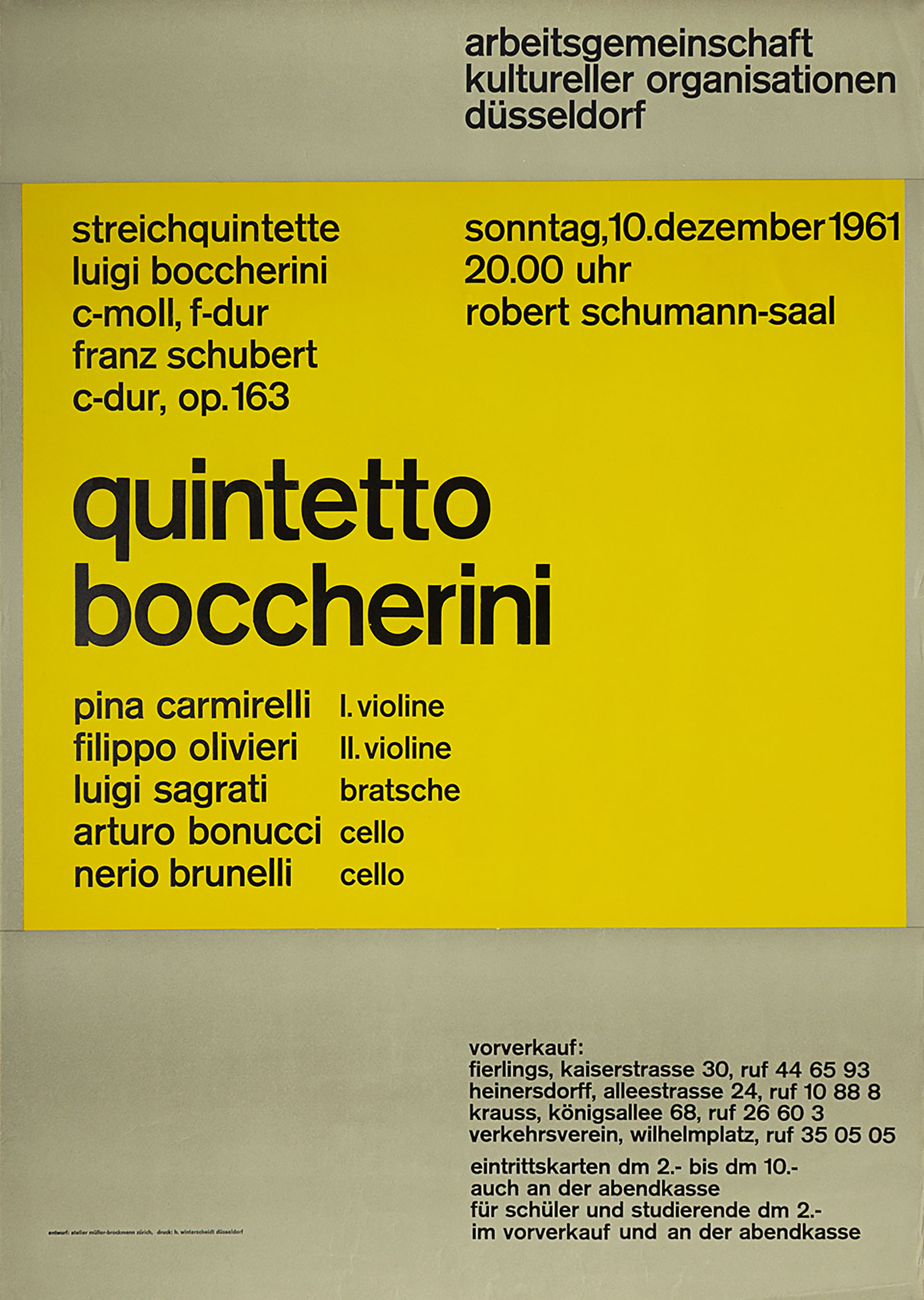 Image of the poster, has a green background, then a large yellow rectangle at the top, with the various details for the concert in bold black sans serif typography. The words ‘quintetto boccherini’ in larger bold letters