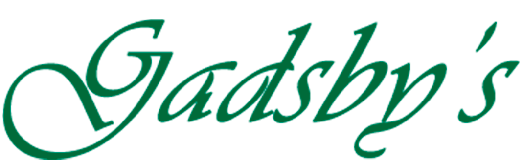 Gadsby’s logo, shows bright green script italic font