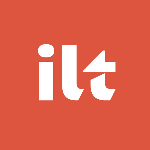 Logo the letters 'ILT' in a lowercase stencil white font on a square red background