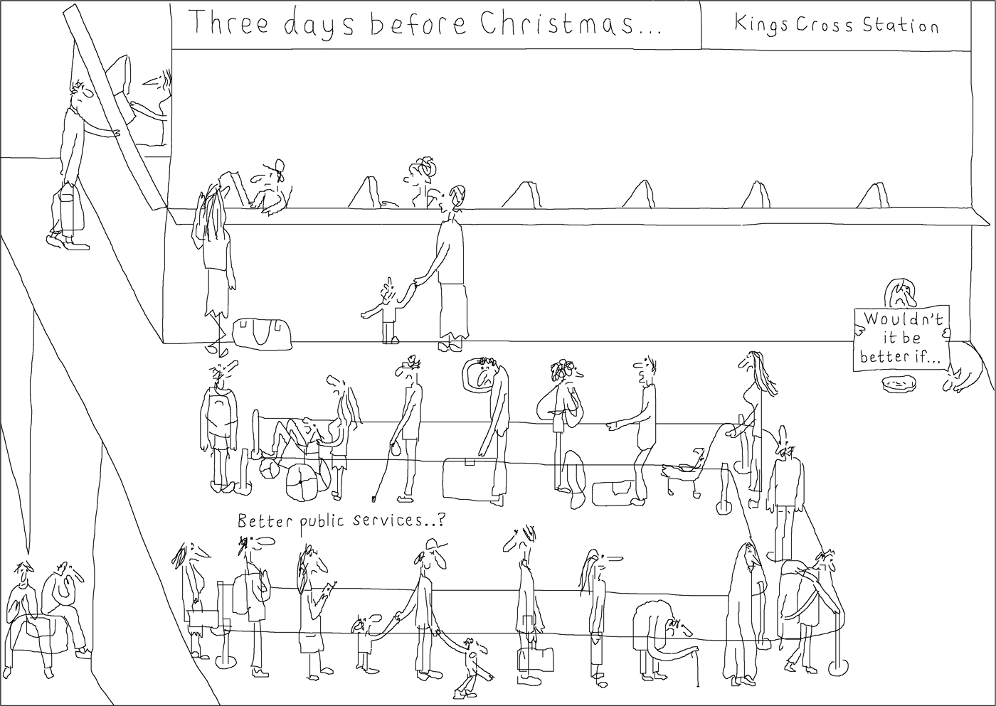 Freehand/cartoon illustration for a website/competition. Shows Kings Cross/St Pancreas station with people queueing up for a ticket