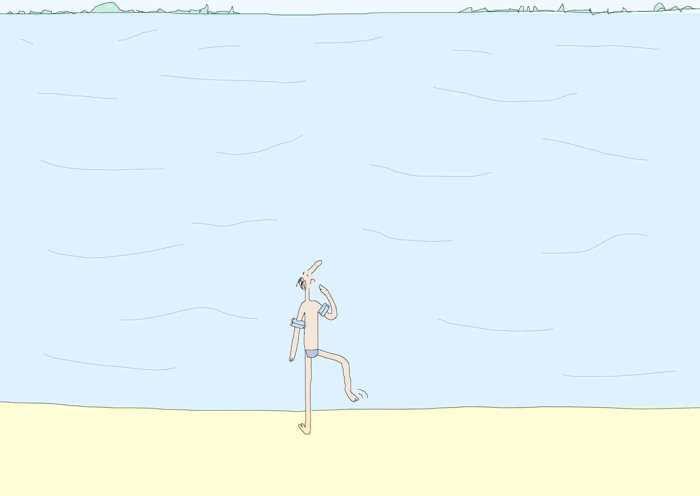 Freehand/cartoon illustration for an article. Shows a man with armbands on going into the sea