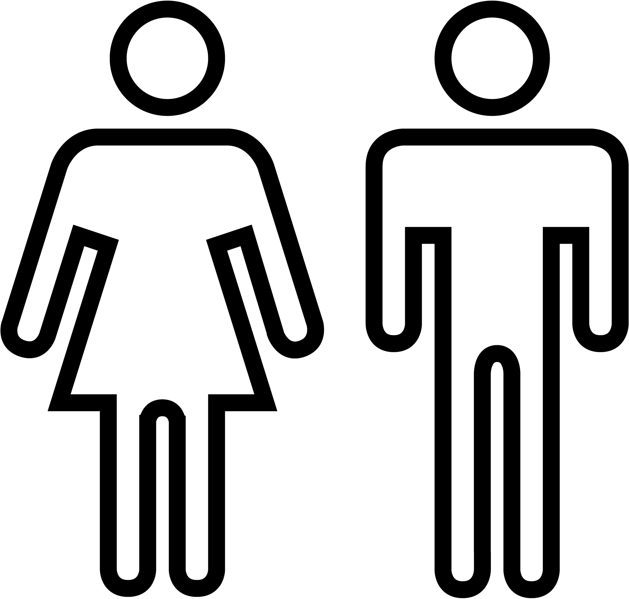 Black line pictogram of 2 people. On the left is a young-middle aged woman. On the right, is an young-middle aged man