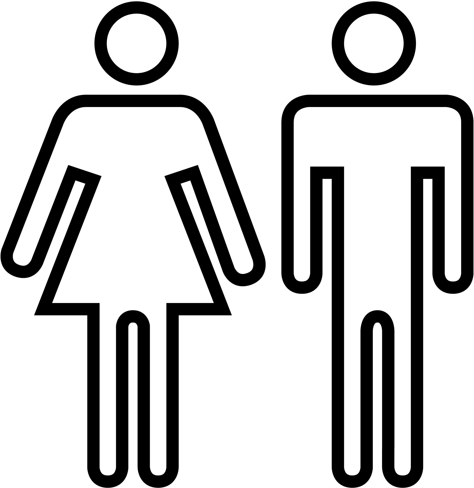 Black line pictogram of 2 people. On the left is a middle aged woman. On the right, is an middle aged man