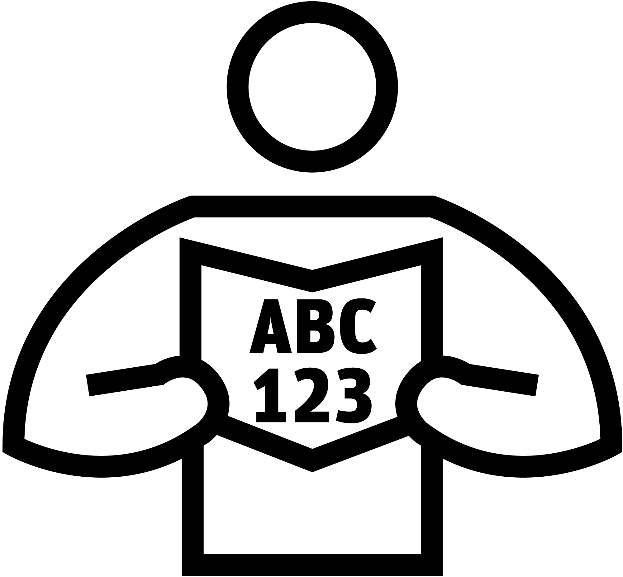 Black line pictogram of a person reading a book with 'ABC' and '123' written on the front cover