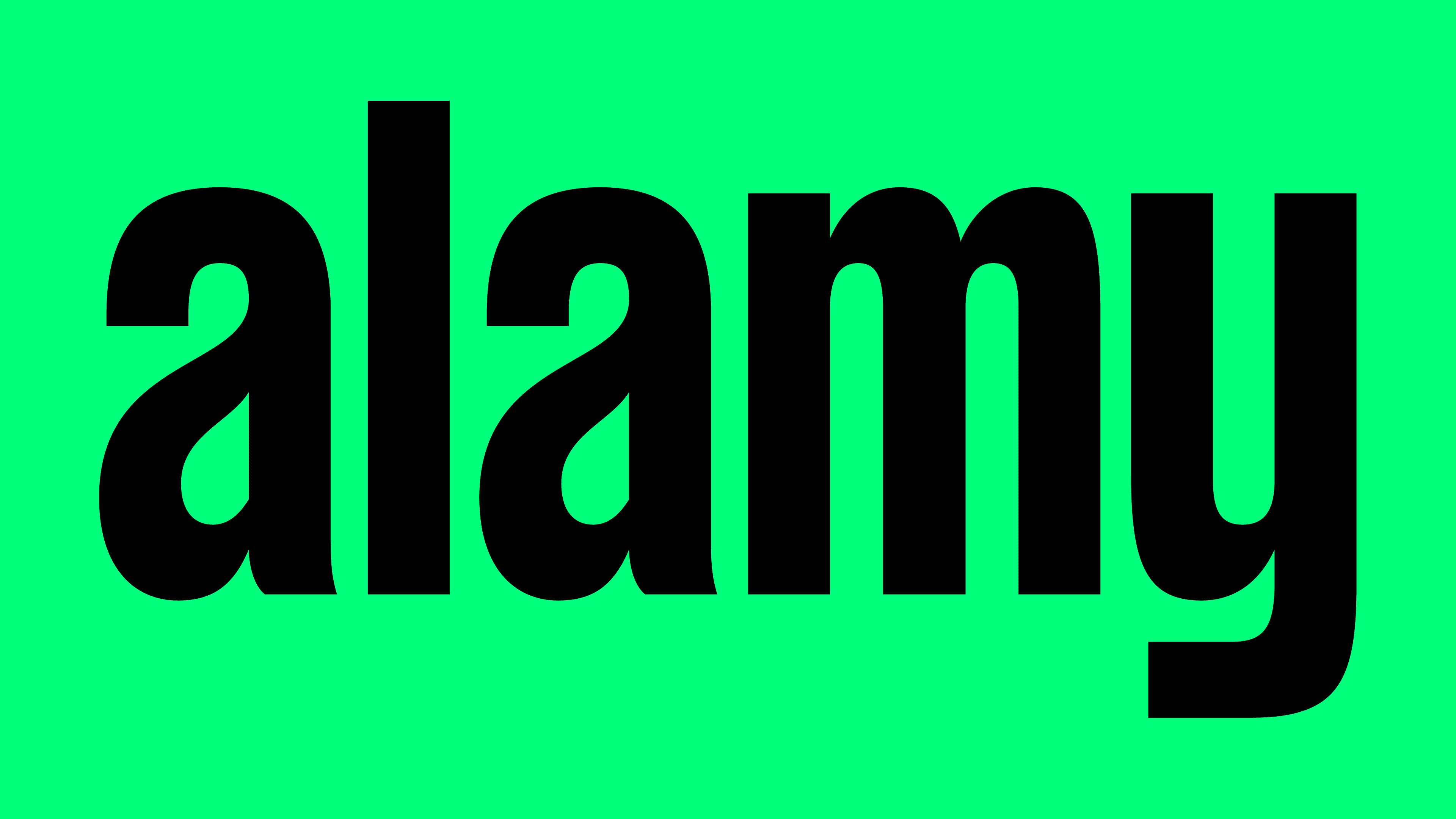 Alamy logo, shows the word 'alamy' in large lowercase extra bold letters, on a bright fluorescent green rectangle background