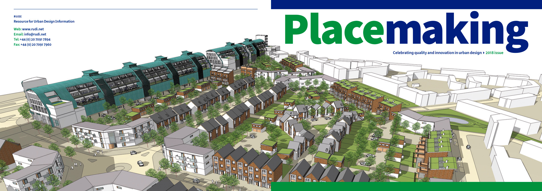 Urban Design Town Planning Regeneration publication design, shows the front cover with title in large size an image of a housing plot across the front and back