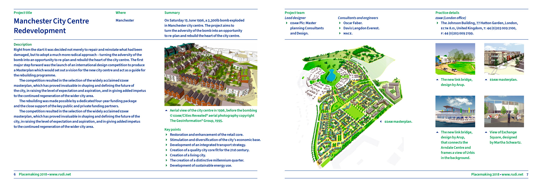 Urban Design Town Planning Regeneration publication design, shows a double page spread from inside with various gridded images and information about select projects