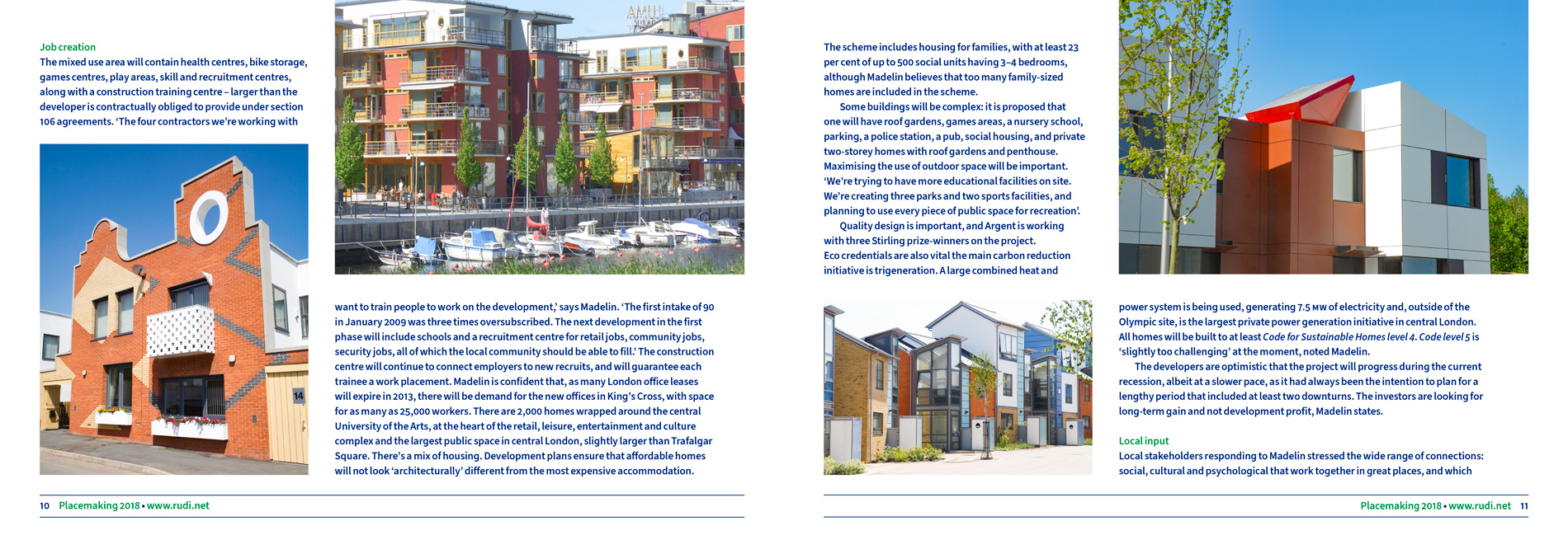 Urban Design Town Planning Regeneration publication design, shows a double page spread from inside with various gridded images of the front of houses, and information about select projects