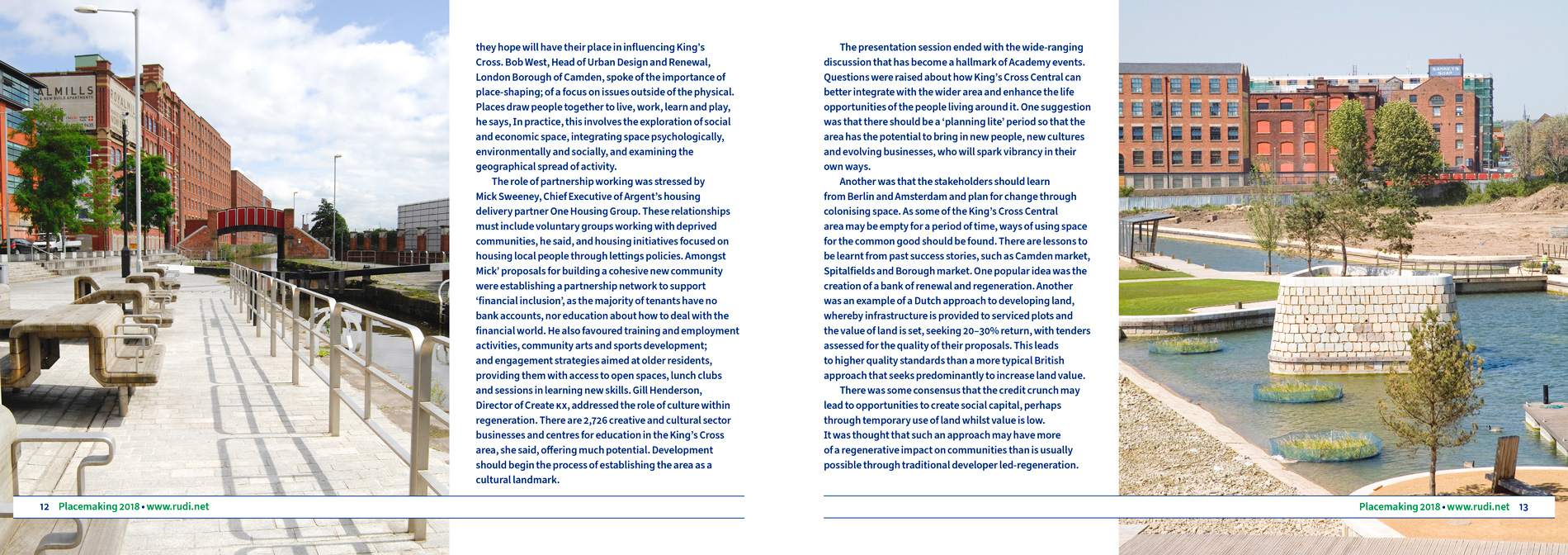 Urban Design Town Planning Regeneration publication design, shows a double page spread from inside with a large photo on the far left and right of the spread of a waterside urban scene and large factory building in the distance