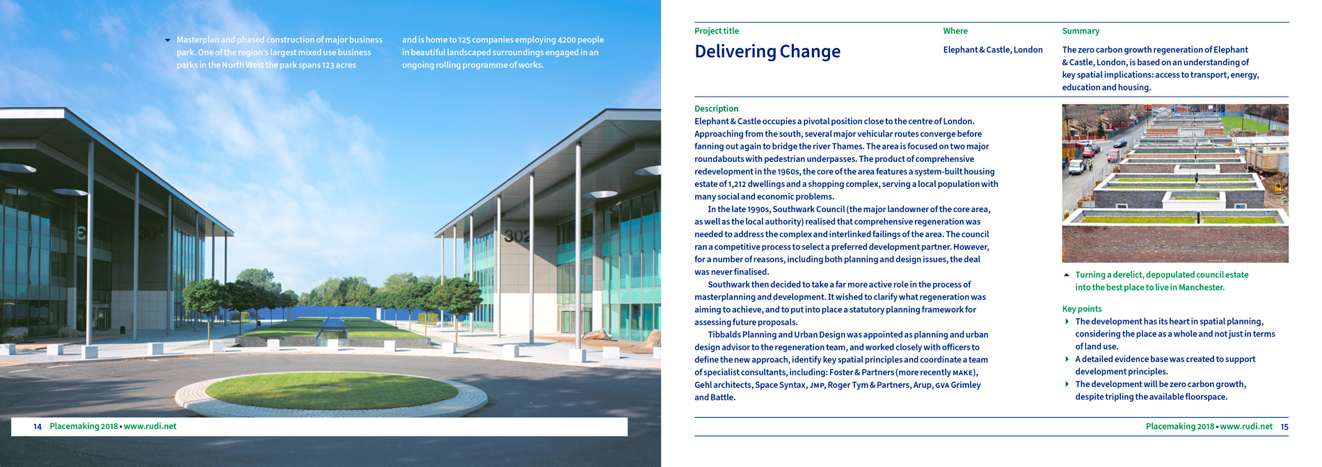 Urban Design Town Planning Regeneration publication design, shows a double page spread with a large photo full page on the left of a new busine ss office park, with large glass windows and roundabout in the foreground. Then on the right page, various gridded images and information about select projects