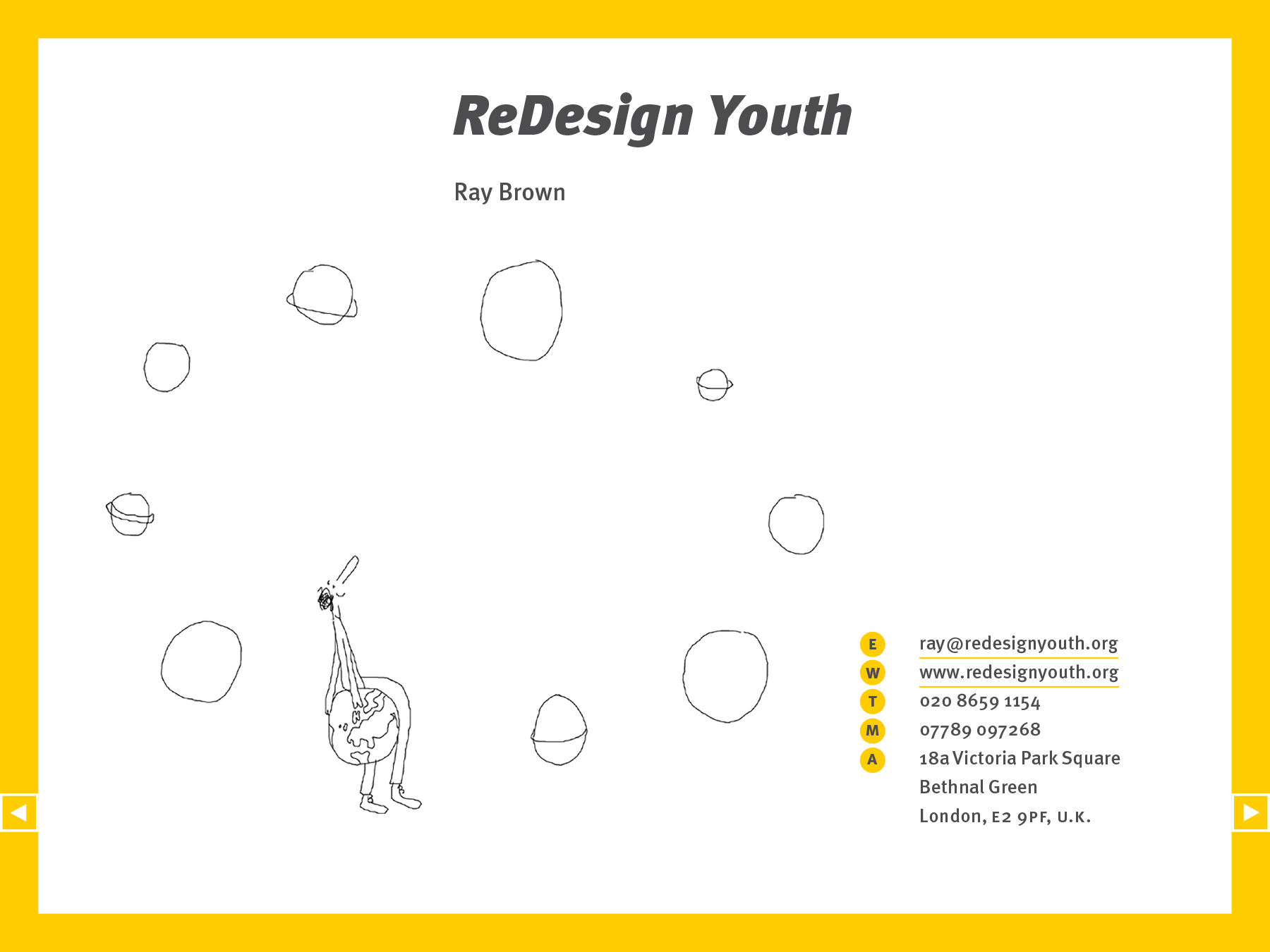 ReDesign Youth PDF presentation slide. Cartoon of person sitting on earth looking at other planets