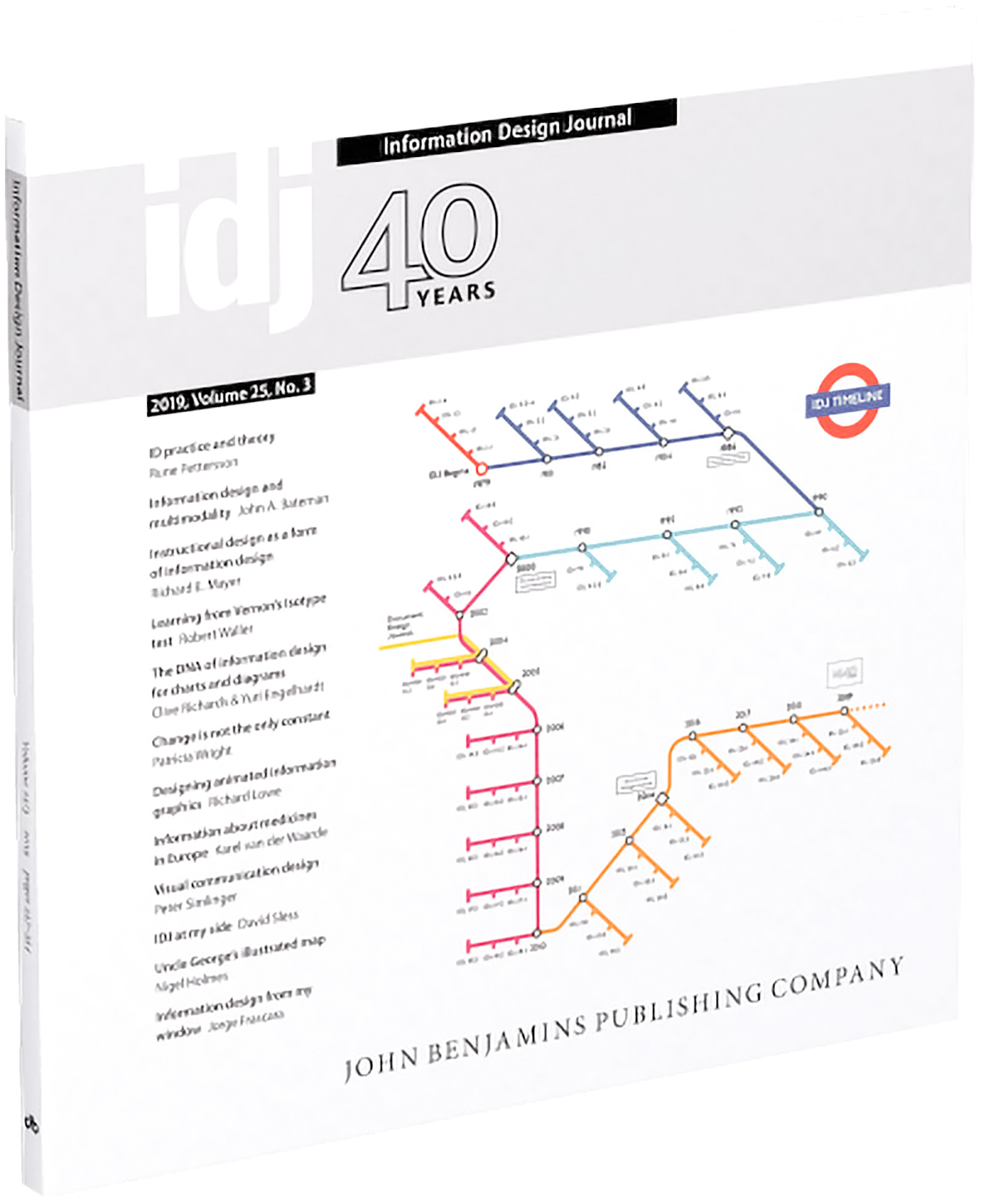 Front cover photo of the journal, shows it side-on with the text 'IDJ' in large white letters at the top, then in the middle of the cover is a technical illustration like the London Underground tube map