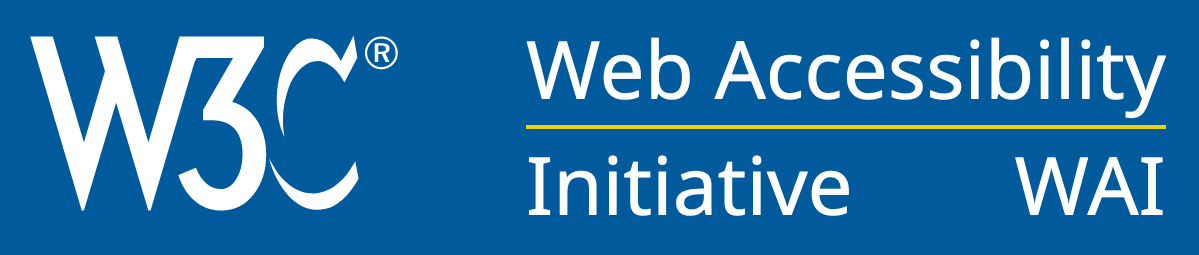 W3C World Wide Web Consortium Web Accessibility Initiative WAI logo, the text 'W3C' in large white capital letters on the left, then on 2 lines: 1st line says 'Web Accessibility', then 2nd line says 'Initiative WAI' all in white text with a yellow rule running between the 2 lines